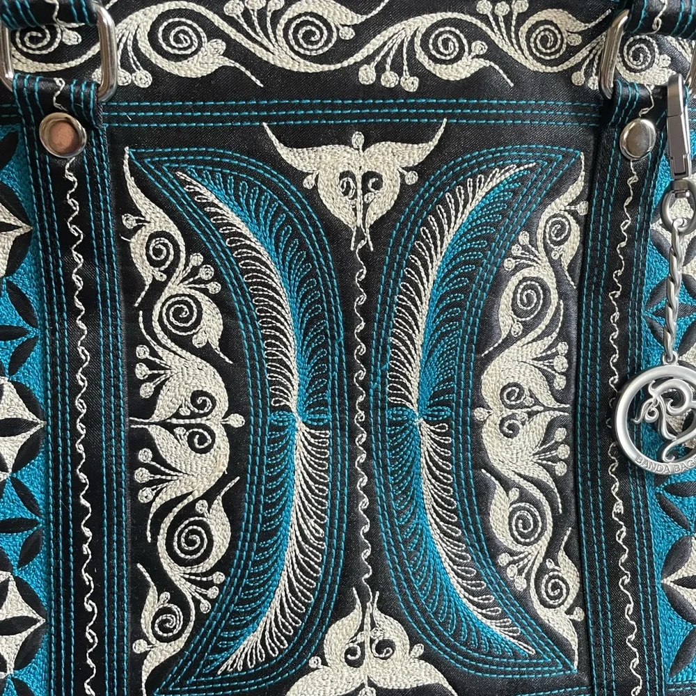 NWT Banda Bags Memetika Embroidered Tote Bag Blue Vegan Cotton Handcrafted Zip